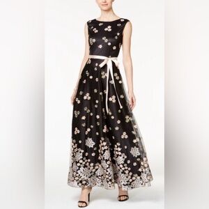 Tahari Black Dress with Gold Embroidery